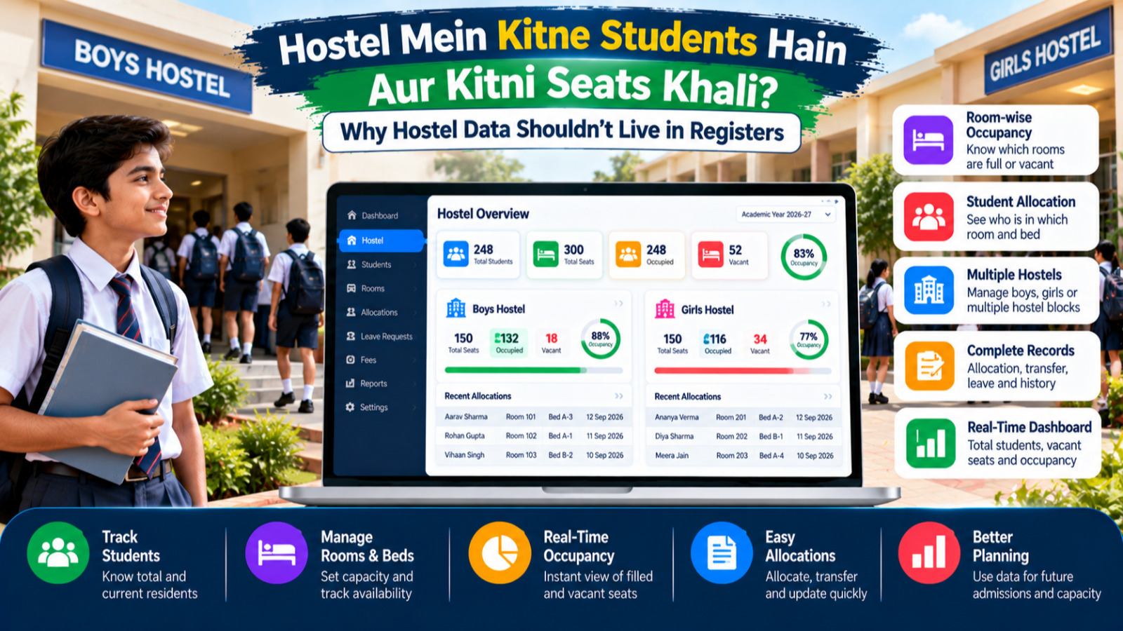 School Hostel Management: Track Students, Rooms & Vacant Seats
