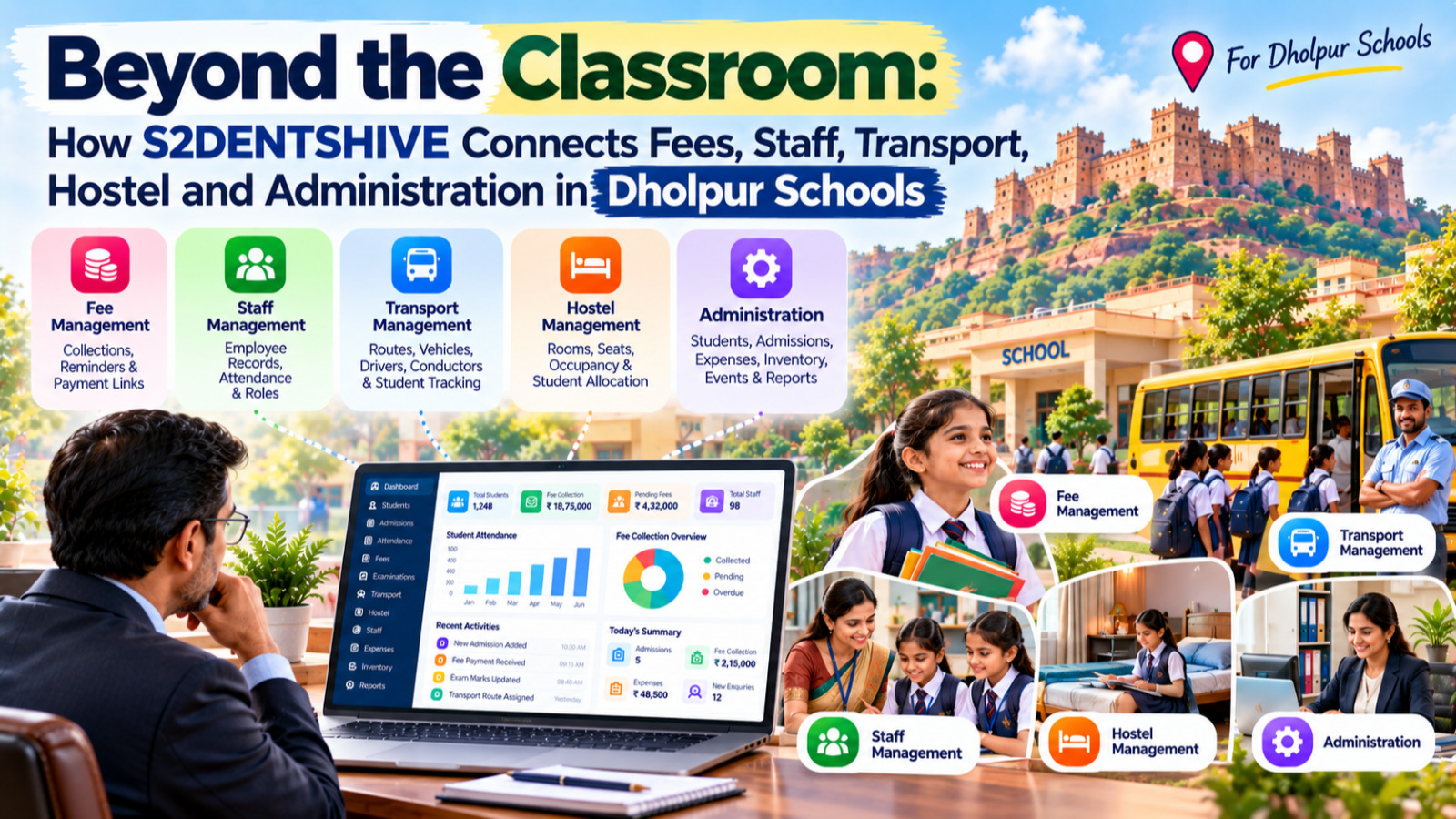 Beyond the Classroom: How S2DENTSHIVE Connects Fees, Staff, Transport, Hostel and Administration in Dholpur Schools